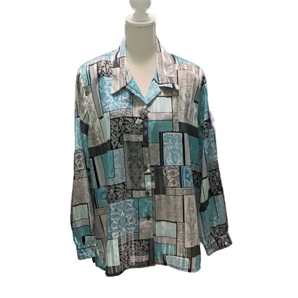 Alia Button Down Blouse Blue Silver Geo Metallic Semi Sheer Stripes Sz 20W